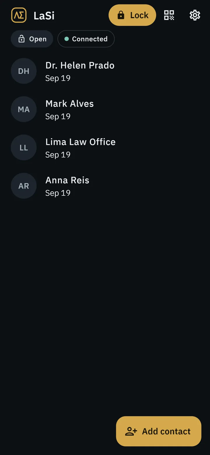 LaSi's conversation list, with the Lock button and the Add contact button.