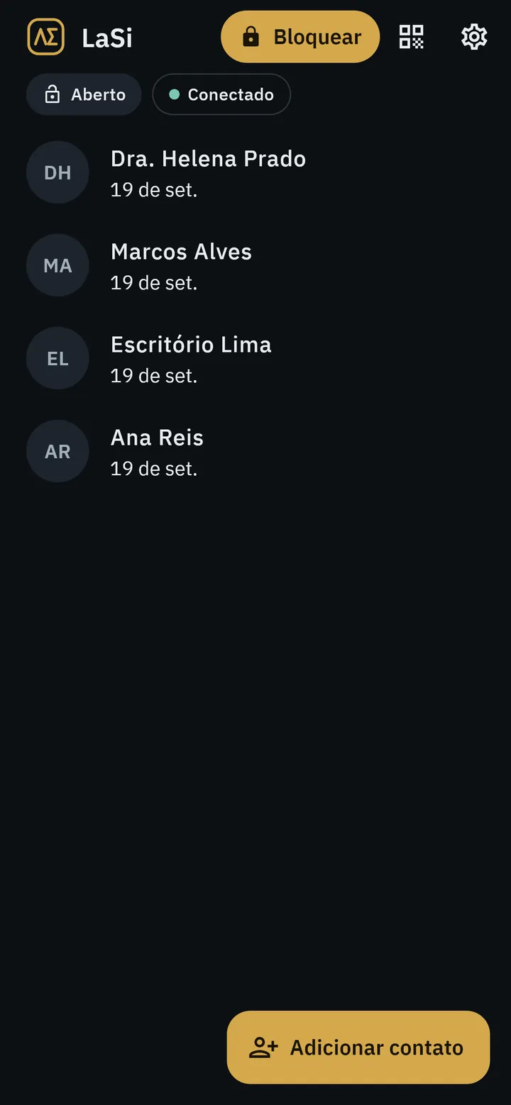 Lista de conversas do LaSi, com o botão Bloquear e o botão Adicionar contato.