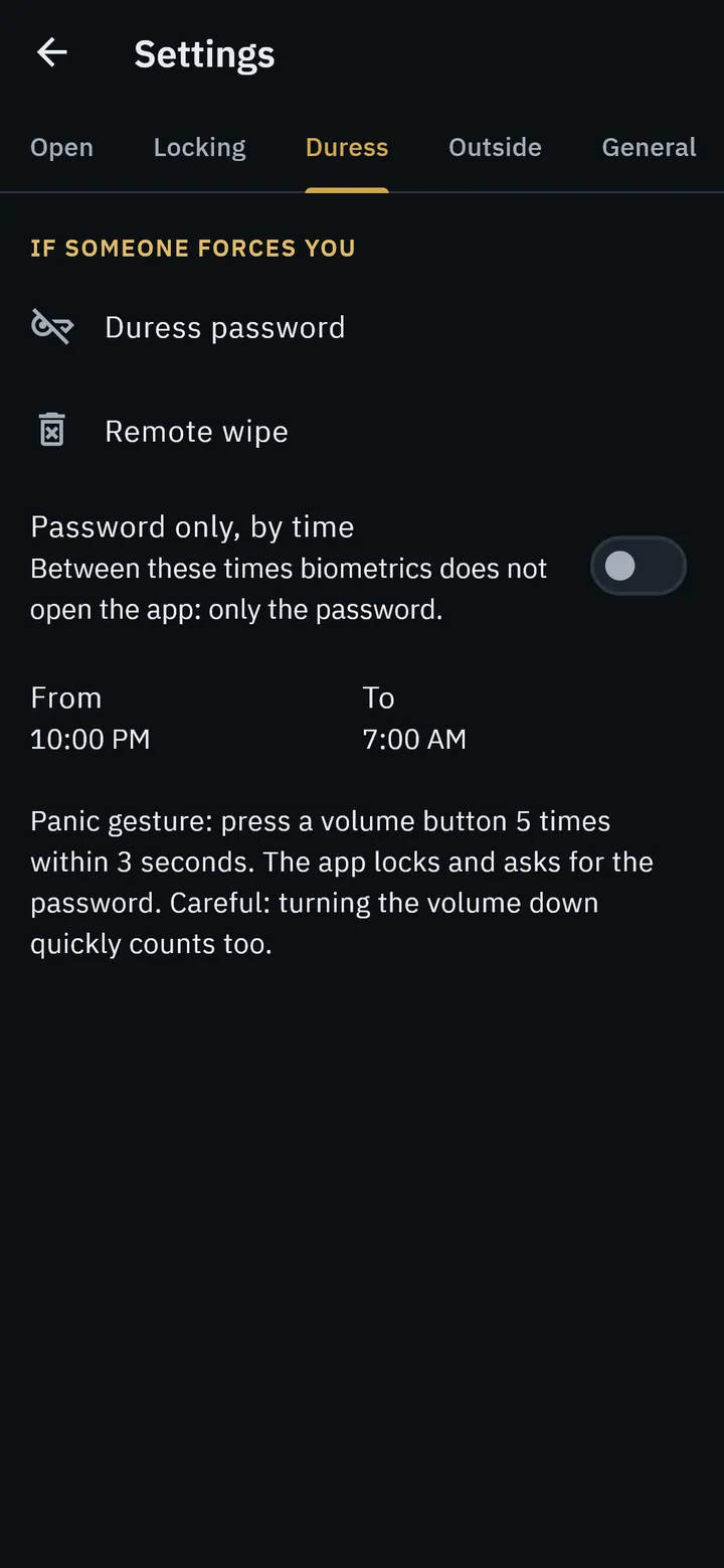 LaSi's duress settings: duress password, remote wipe and password only by schedule.