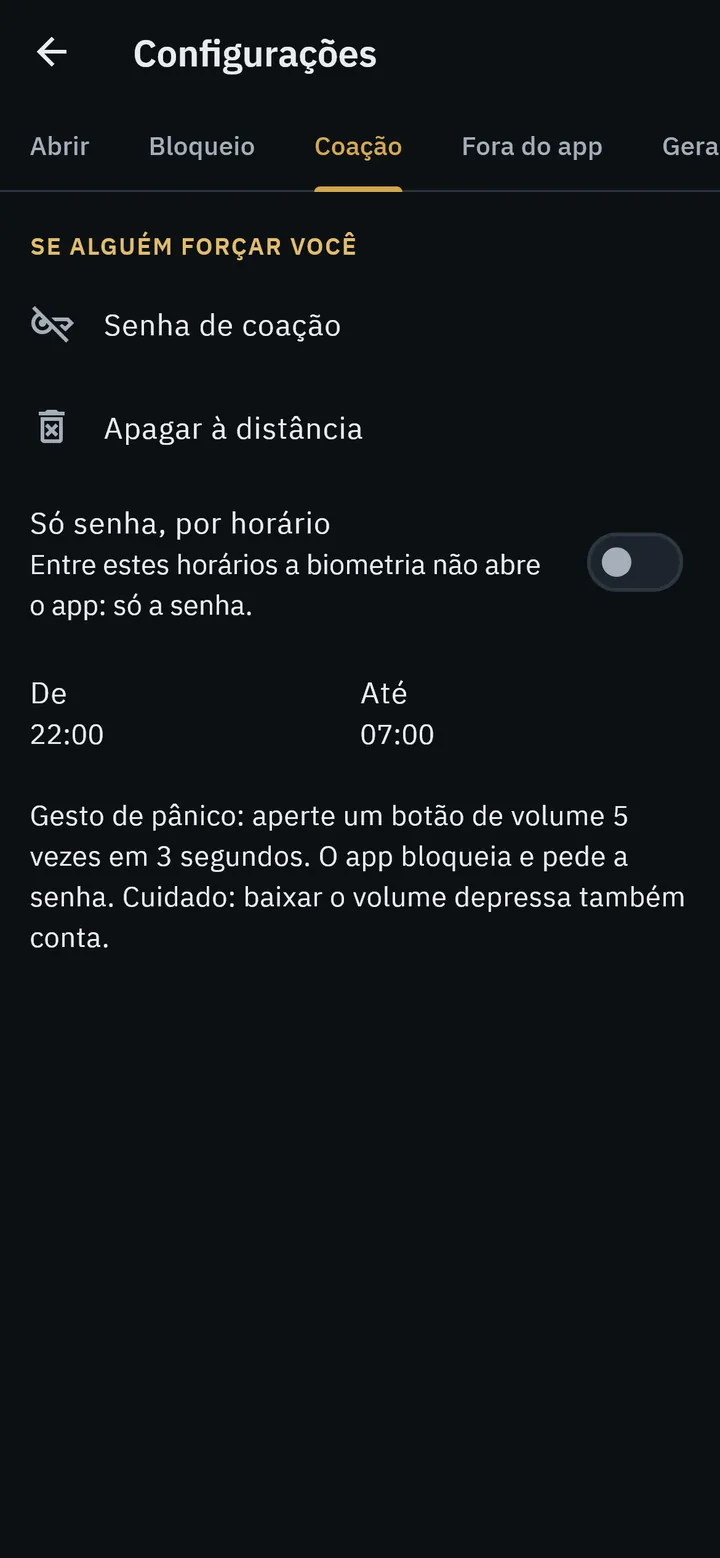 Tela de coação do LaSi: senha de coação, apagar à distância e só senha por horário.