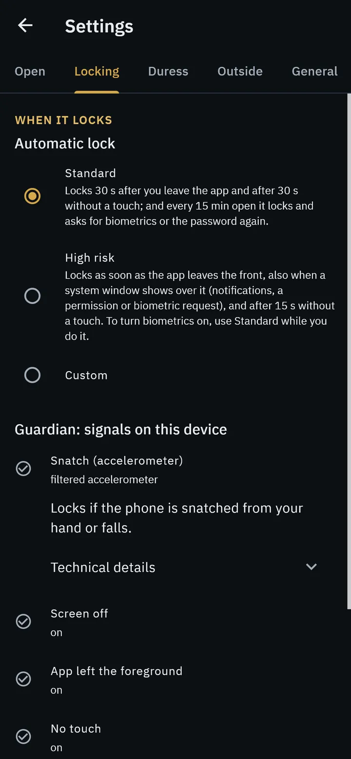 LaSi's lock settings: automatic lock and the guardian's signals, such as the phone being snatched.